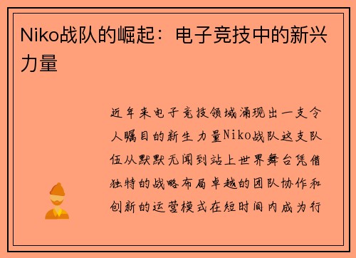 Niko战队的崛起：电子竞技中的新兴力量